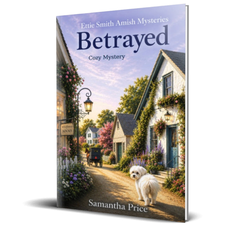 Book cover of 'Betrayed' by Samantha Price with a scenic village and dog illustration.