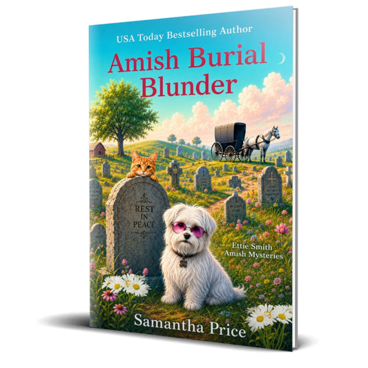 Book cover of 'Amish Burial Blunder' with a dog, cat, and horse-drawn carriage in a cemetery.