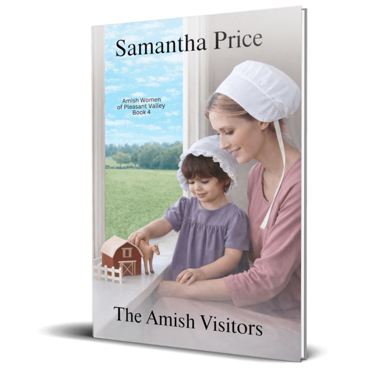 Book cover of 'The Amish Visitors' by Samantha Price featuring a woman and child in Amish attire.