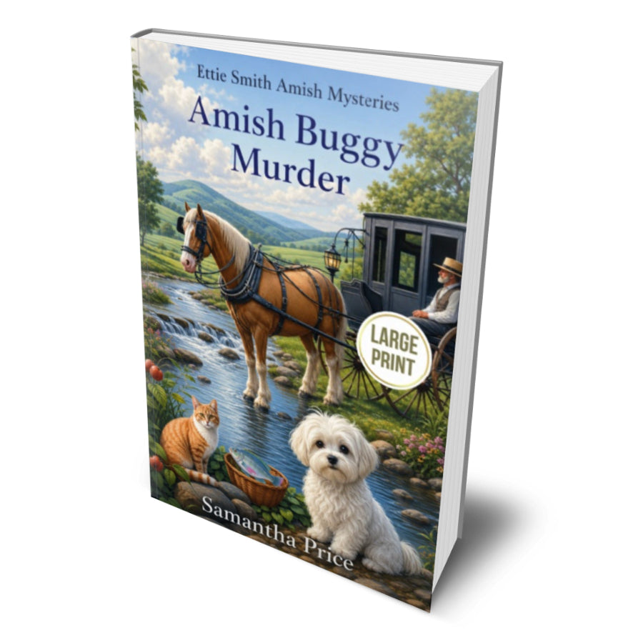 Book cover of 'Amish Buggy Murder' by Samantha Price with a horse, carriage, and animals on a white background
