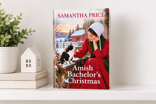 amish bachelor's christmas. amish woman in a red dress patting a black and white cat