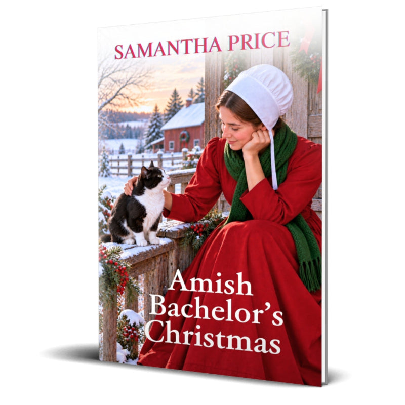 amish woman in a red dress patting a black and white cat, 