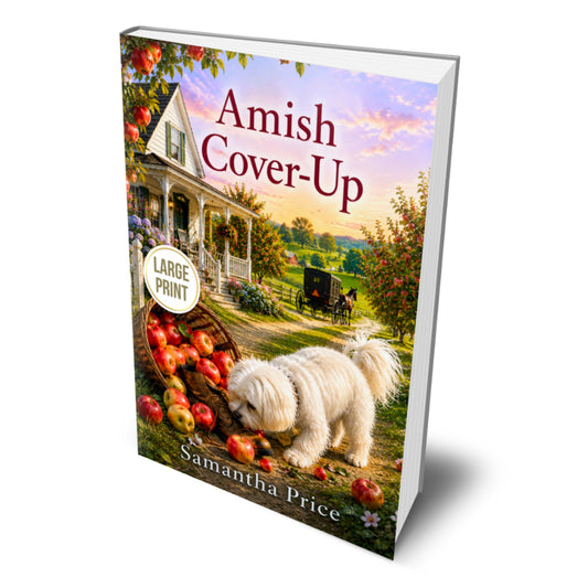 Book cover of 'Amish Cover-Up' by Samantha Price with a scenic illustration and large print label.
