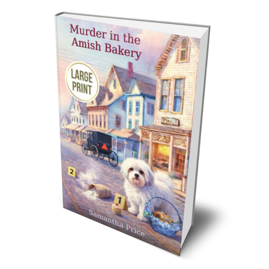 Book cover of 'Murder in the Amish Bakery' by Samantha Price with a dog and Amish buggy illustration.