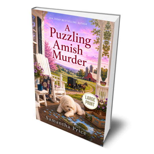 Book titled 'A Puzzling Amish Murder' by Samantha Price with a scenic cover