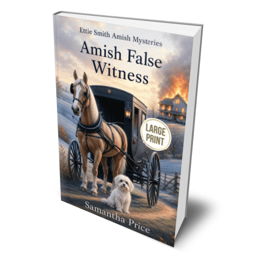 Book cover of 'Amish False Witness' by Samantha Price with a horse and buggy scene.