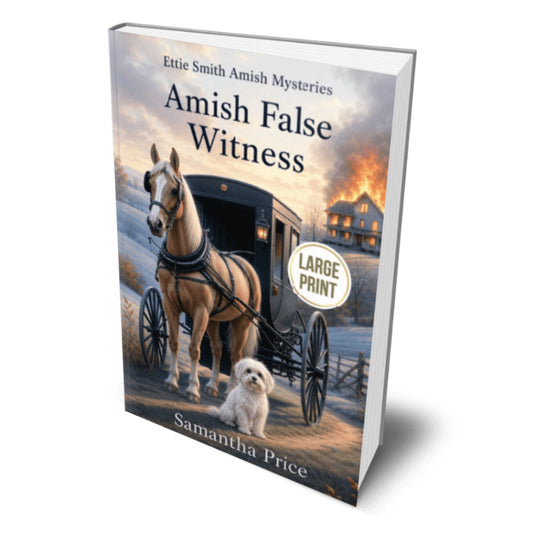 Book cover of 'Amish False Witness' by Samantha Price with a horse and buggy scene.