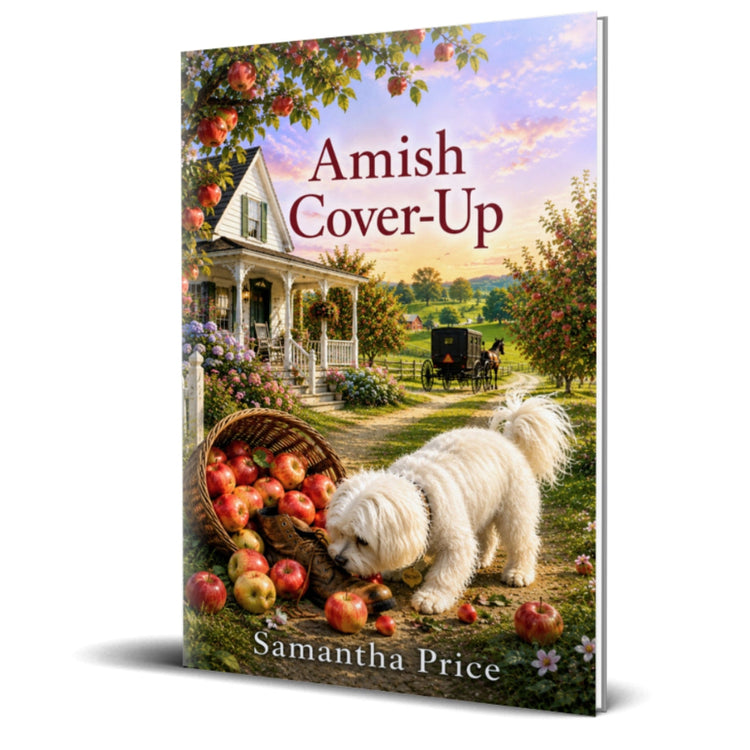 Book cover of 'Amish Cover-Up' by Samantha Price with a scenic Amish farm and white dog.