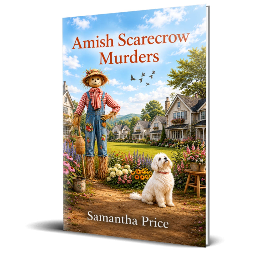 Book cover of 'Amish Scarecrow Murders' by Samantha Price with a scenic village and scarecrow illustration.