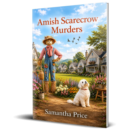 Book cover of 'Amish Scarecrow Murders' by Samantha Price with a scenic village and scarecrow illustration.