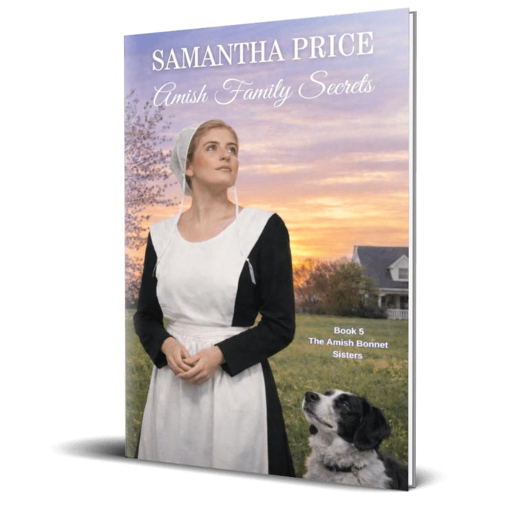 amish family secrets cover with amish woman and a black and white dog