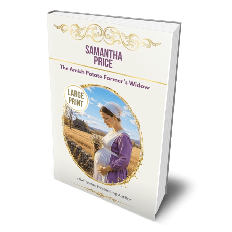 A large book cover for 'The Amish Potato Farmer's Widow' by Samantha Price, shown standing upright at a slight angle on a white background. The cover is predominantly white with elegant gold decorative flourishes, purple title text, and a central oval photo of a woman in a field wearing a white bonnet and purple dress.