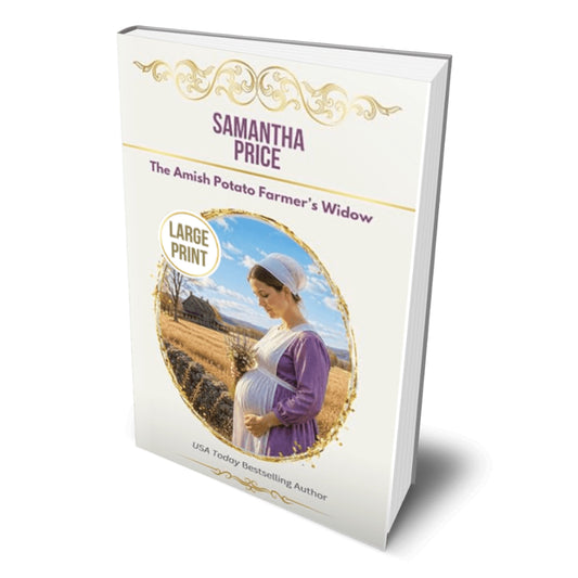 A large book cover for 'The Amish Potato Farmer's Widow' by Samantha Price, shown standing upright at a slight angle on a white background. The cover is predominantly white with elegant gold decorative flourishes, purple title text, and a central oval photo of a woman in a field wearing a white bonnet and purple dress.