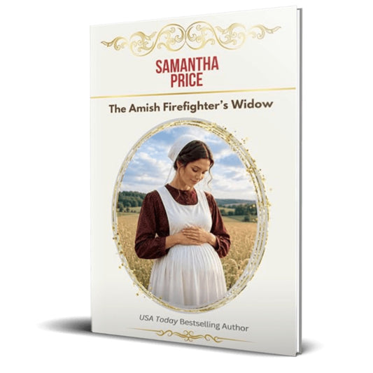 A book cover for 'The Amish Firefighter's Widow' by Samantha Price, shown as a 3D mockup on a white background. The cover features a warm cream background with elegant gold scrollwork, the author's name in red, and a central oval photo of a woman in traditional Amish clothing standing in a field.