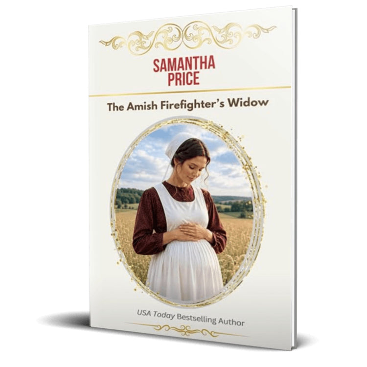 A book cover for 'The Amish Firefighter's Widow' by Samantha Price, shown as a 3D mockup on a white background. The cover features a warm cream background with elegant gold scrollwork, the author's name in red, and a central oval photo of a woman in traditional Amish clothing standing in a field.