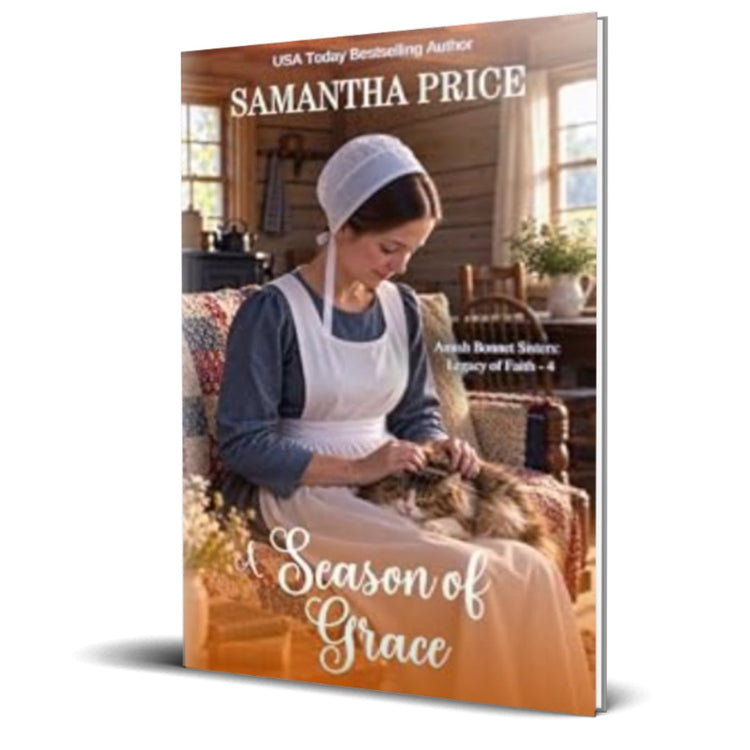 Book cover for 'A Season of Grace' by Samantha Price, featuring a woman in a white bonnet and apron sitting in a rustic room with a cat on her lap.