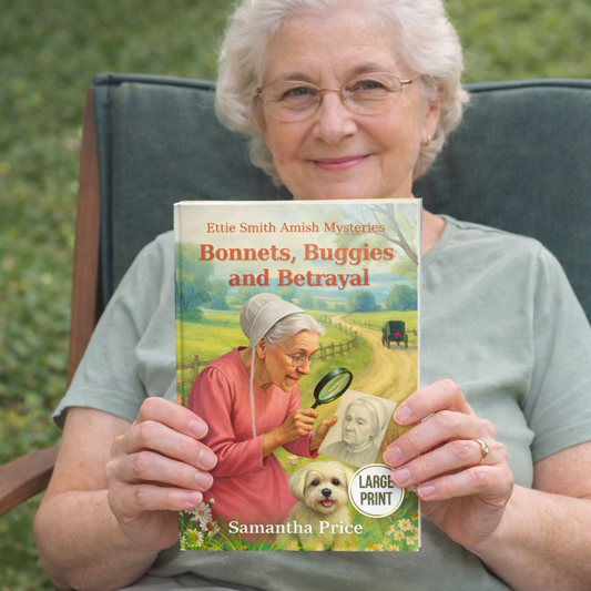 Woman holding a book titled 'Bonnets, Buggies and Betrayal' by Samantha Price outdoors.