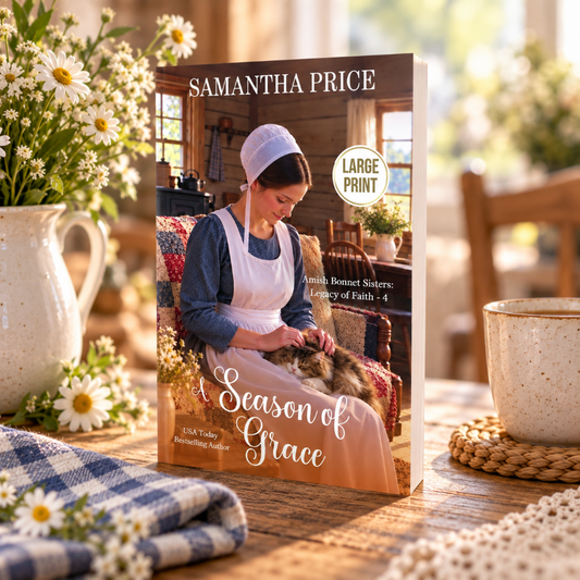 "A Season of Grace" by Samantha Price The cover shows a woman in a white bonnet and apron sitting with a cat.