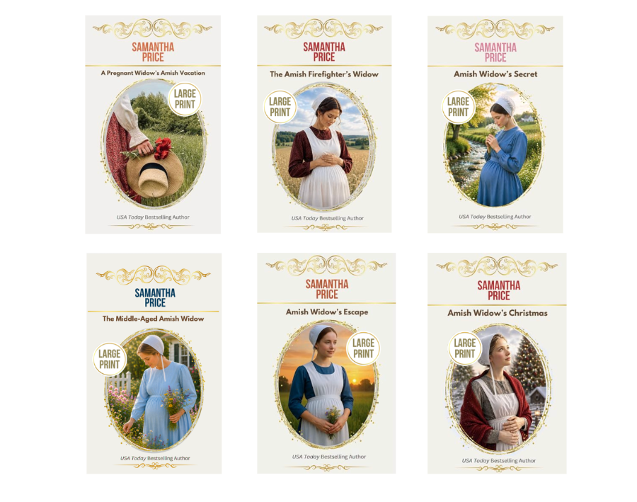 Six romance novel book covers from the Samantha Price series arranged in two rows on a white background. The covers feature vintage-style illustrations of women in historical clothing, with gold decorative borders and text including 'Samantha Price,' 'LARGE PRINT,' and 'USA Today Bestselling Author.