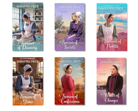 Six book covers arranged in a 2x3 grid, each featuring the author name Samantha Price at the top and a different illustrated or photographed rural scene with a woman in a white apron and bonnet. The visible titles are Summer of Discovery, Season of Secrets, Harvest of Hearts, Season of Grace, Season of Confessions, and Winter of Changes.
