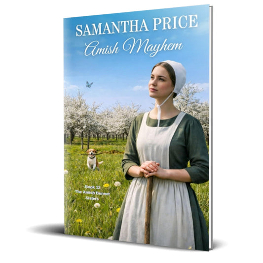 amish mayhem cover depicting an amish woman in an apple orchard with a small dog