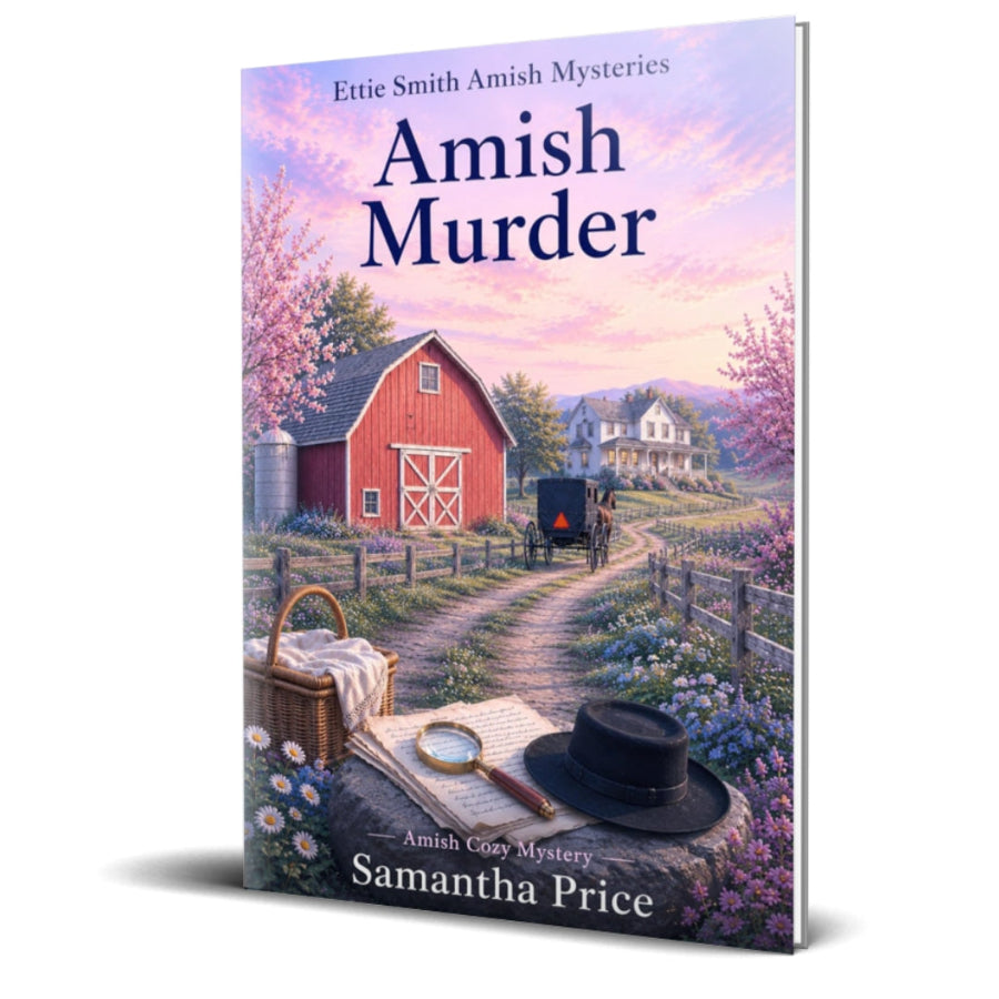Book cover of 'Amish Murder' by Samantha Price with a scenic illustration of an Amish village.