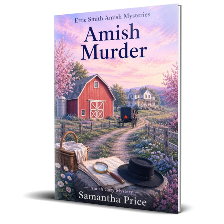 Book cover of 'Amish Murder' by Samantha Price with a scenic illustration of an Amish village.
