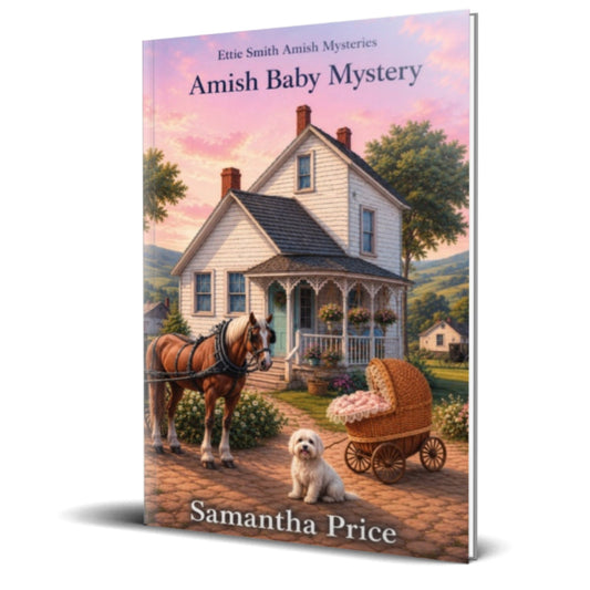 Book cover of 'Amish Baby Mystery' by Samantha Price with a horse and buggy scene.