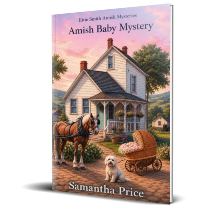 Book cover of 'Amish Baby Mystery' by Samantha Price with a horse and buggy scene.