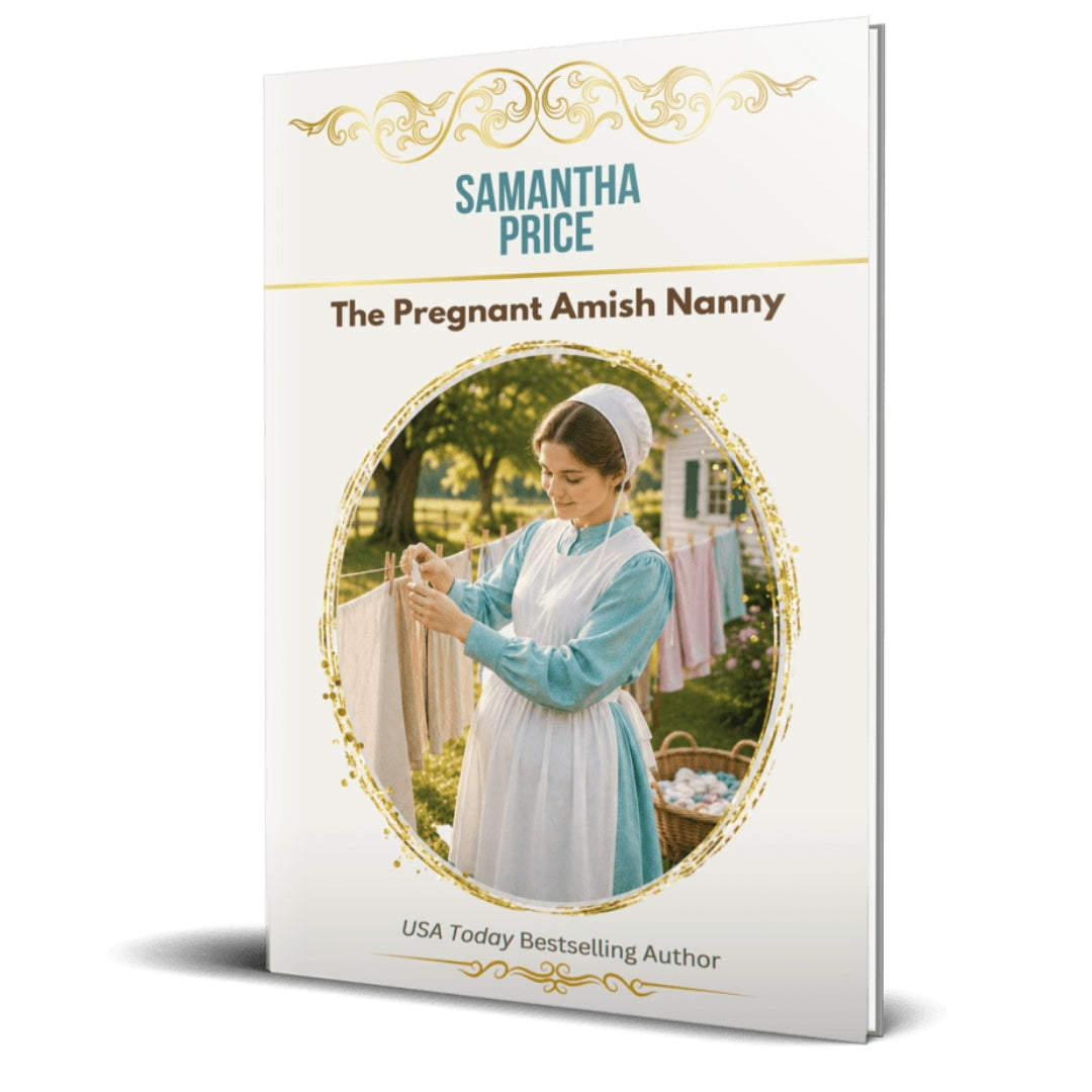 A book cover for 'The Pregnant Amish Nanny' by Samantha Price, shown as a 3D mockup on a white background. The cover features a warm cream background with gold decorative flourishes, teal and brown text, and a central oval photo of an Amish woman in a light blue and white dress.