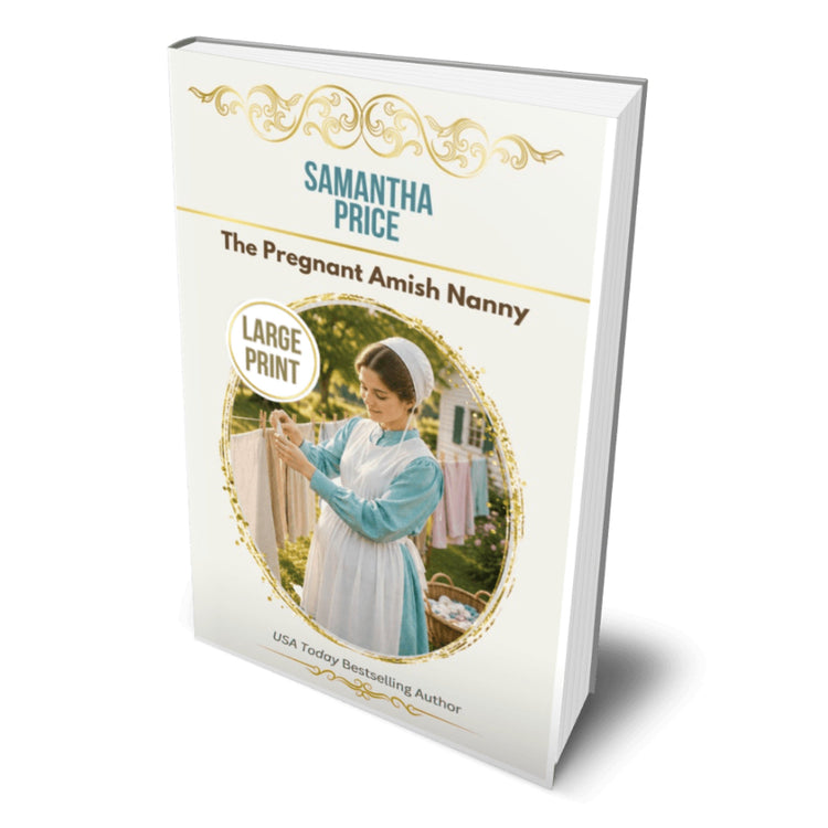 A large paperback book cover for 'The Pregnant Amish Nanny' by Samantha Price, shown at a three-quarter angle on a white background. The cover is predominantly white with gold decorative flourishes, teal and brown text, and a central circular illustration of an Amish woman in a light blue and white dress.