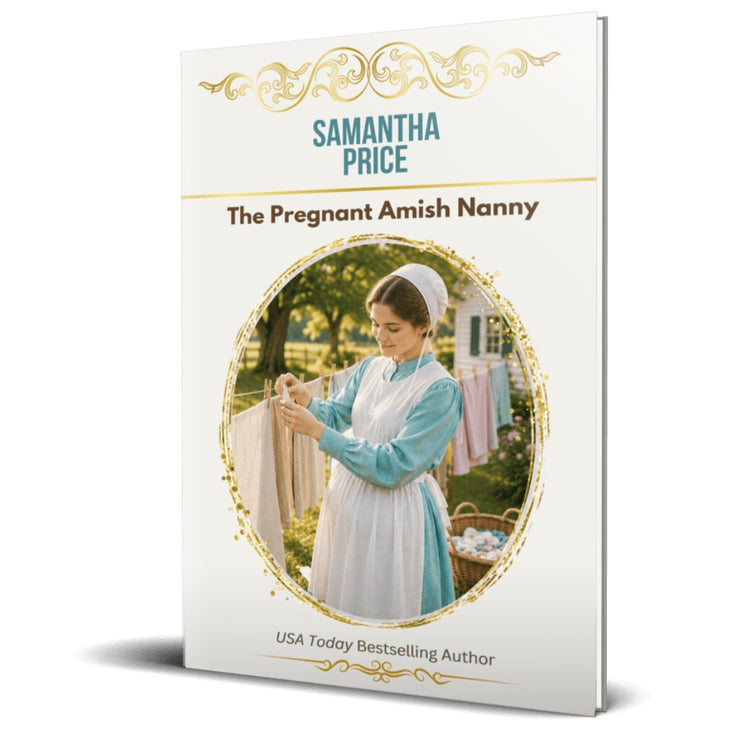 A book cover for 'The Pregnant Amish Nanny' by Samantha Price, shown as a 3D mockup on a white background. The cover features a warm cream background with gold decorative flourishes, teal and brown text, and a central oval photo of an Amish woman in a light blue and white dress.