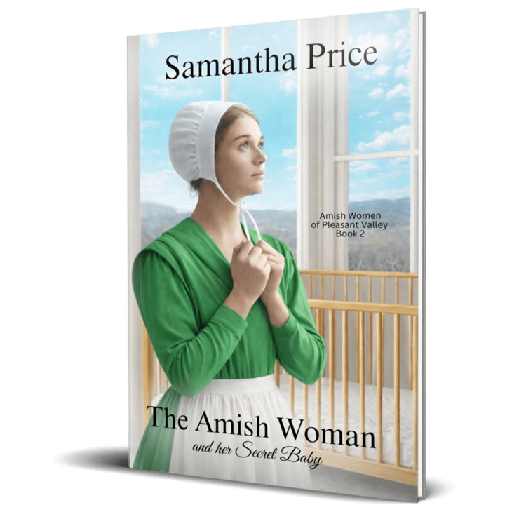 Book cover of 'The Amish Woman and her Secret Baby' by Samantha Price with a woman in traditional Amish clothing.