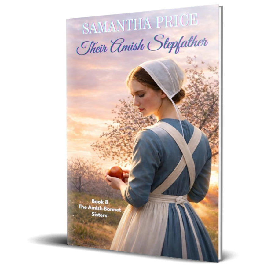 their amish stepfather book, depicting an amish woman and dusk holding an apple