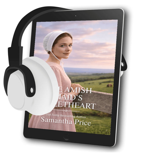 Tablet displaying a book cover with a woman in a bonnet and landscape, surrounded by headphones.