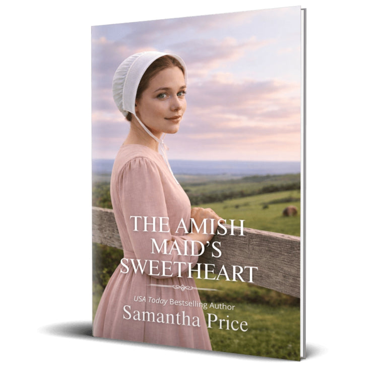 Book cover of 'The Amish Maid's Sweetheart' with a woman in a pink dress and bonnet against a scenic background.