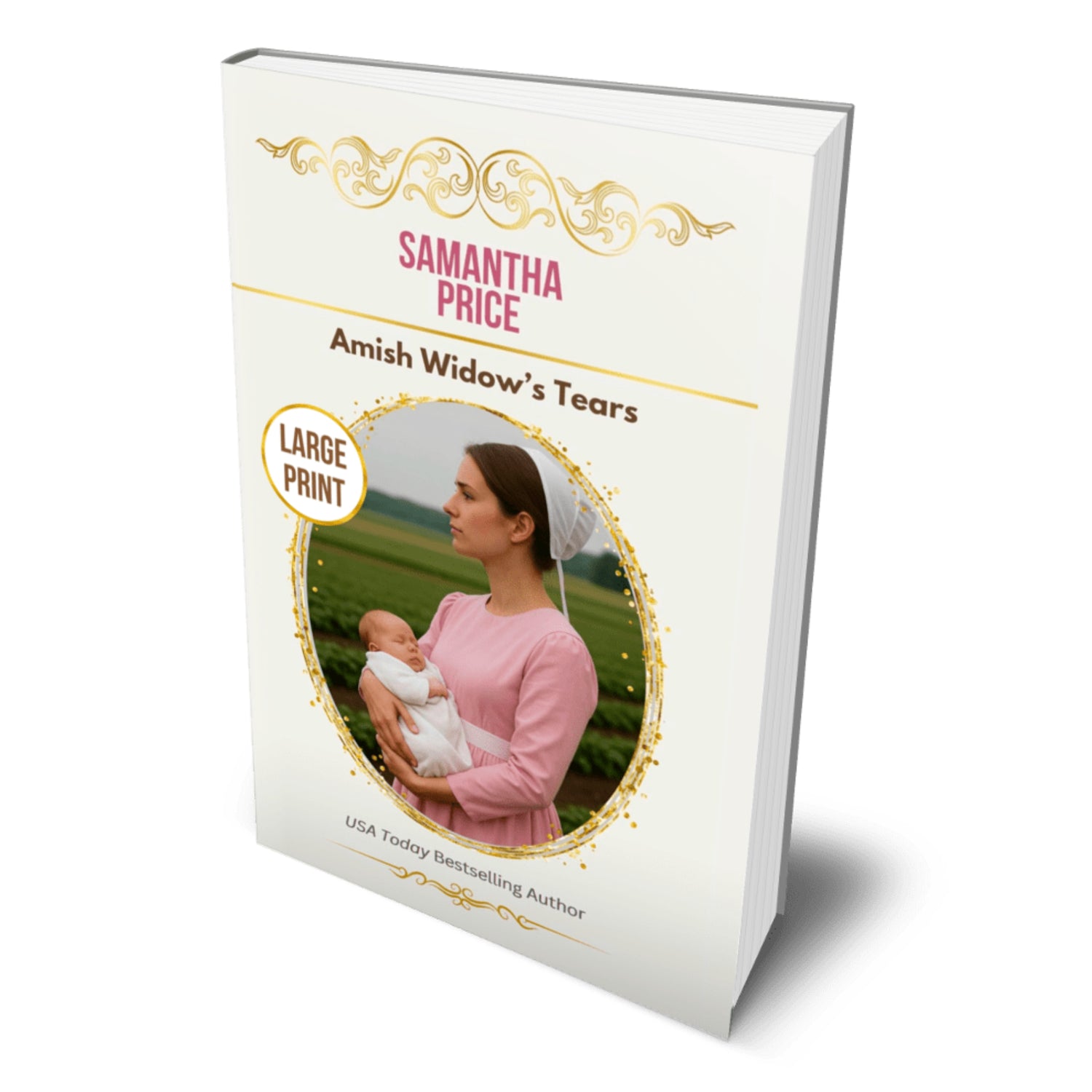 Book cover of 'Amish Widow's Tears' by Samantha Price with a woman holding a baby in a field.