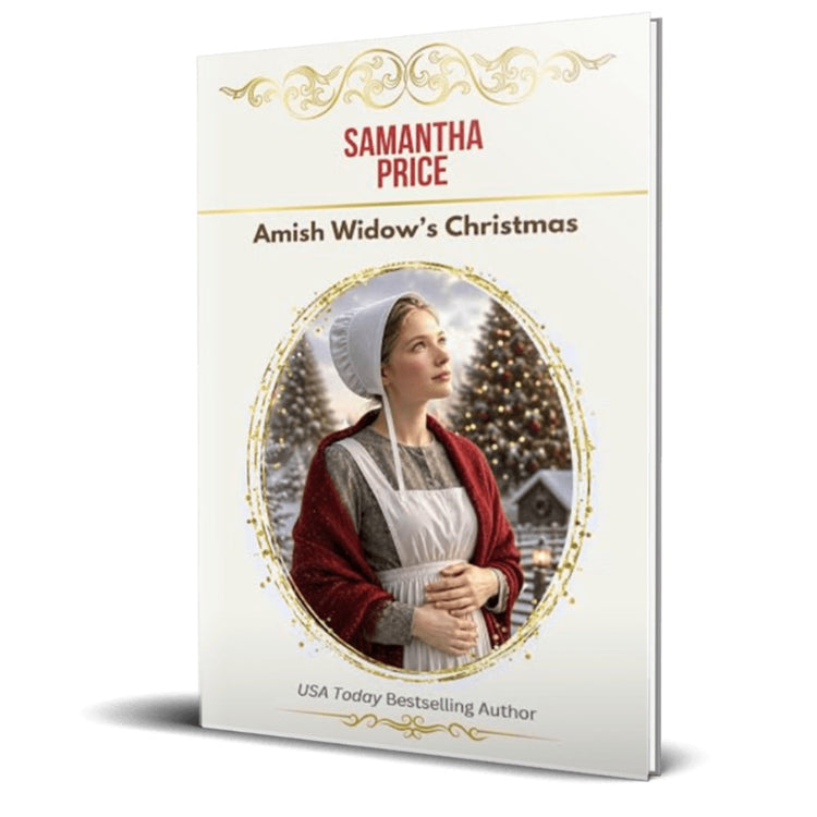 Book cover for 'Amish Widow's Christmas' by Samantha Price, featuring a portrait of an Amish woman in traditional clothing surrounded by a gold oval frame, with a snowy Christmas tree scene. The book is shown standing upright against a white background with a soft shadow.
