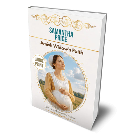 A 3D book mockup of 'Amish Widow's Faith' by Samantha Price, featuring a white cover with gold decorative flourishes, teal and brown text, and a circular photo of a pregnant woman in a field.