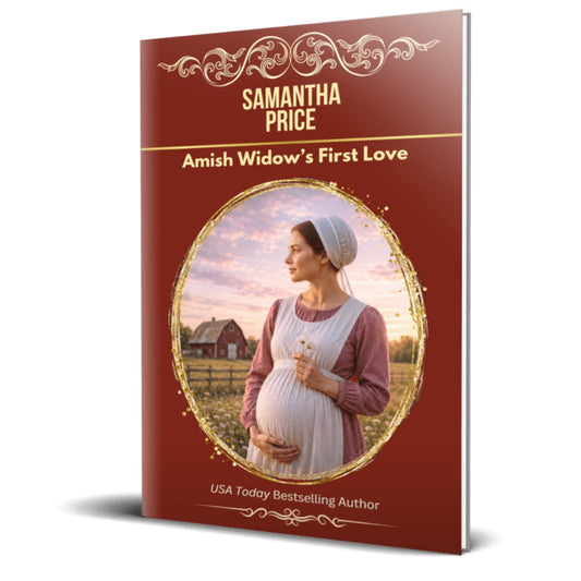 amish widow's first love cover for paperback, depicting a pregnant amish widow holding daisies in front of a barn.