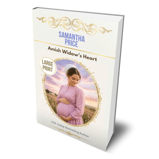 A large book cover mockup for 'Amish Widow's Heart' by Samantha Price, featuring a white cover with gold decorative flourishes, blue and brown text, and an oval photo of a pregnant woman in a lavender dress standing in a field at sunset.