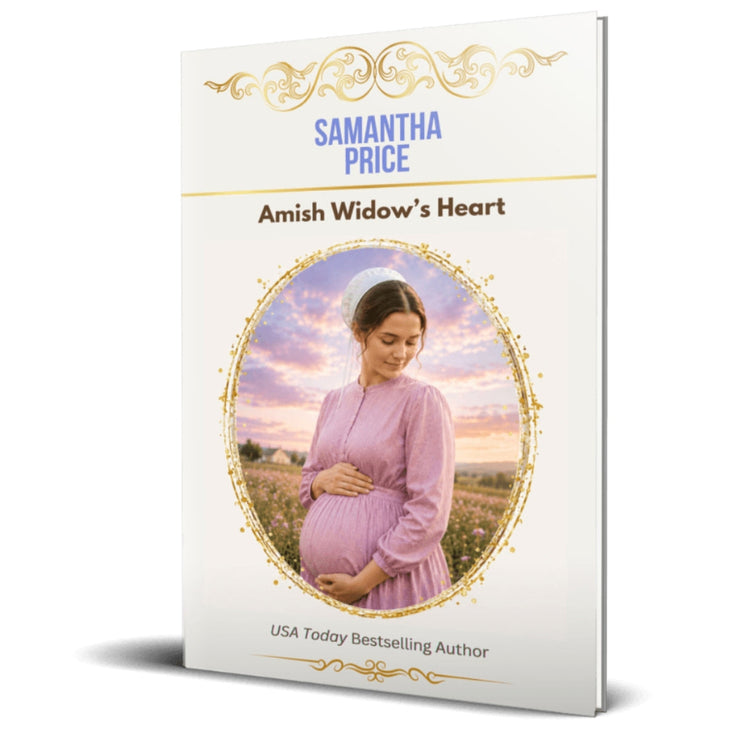 A book cover for 'Amish Widow's Heart' by Samantha Price, featuring a portrait of a pregnant woman in a lavender dress framed by a gold ornate border on a white background.