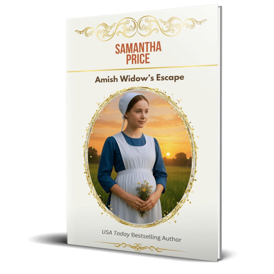A book cover for 'Amish Widow's Escape' by Samantha Price, featuring a portrait of a woman in an Amish-style dress against a sunset, with gold decorative flourishes on a white background.