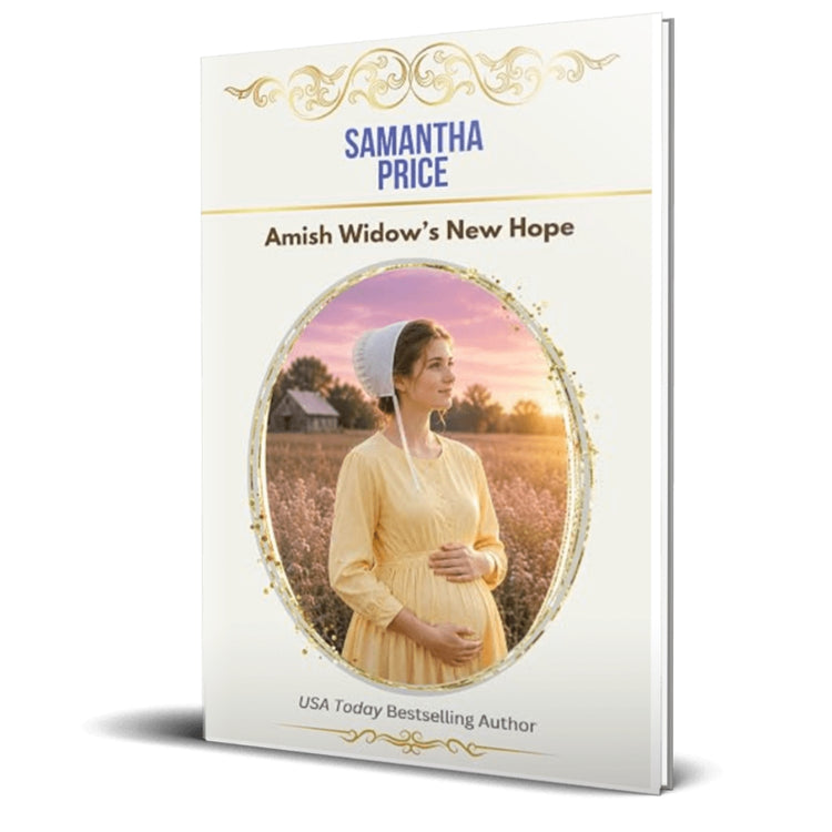Book cover for 'Amish Widow's New Hope' by Samantha Price, featuring a white background with gold decorative flourishes, blue and brown text, and an oval photo of a pregnant woman in a yellow dress standing in a field.