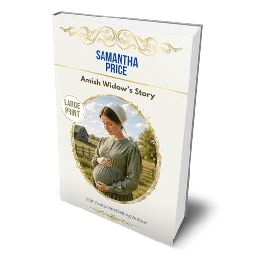 A 3D mockup of a hardcover book titled 'Amish Widow's Story' by Samantha Price, standing upright at a slight angle on a white background with a soft shadow. The book cover is primarily white with elegant gold scrollwork, blue text for the author's name, and a central circular illustration depicting a pregnant woman in a field.