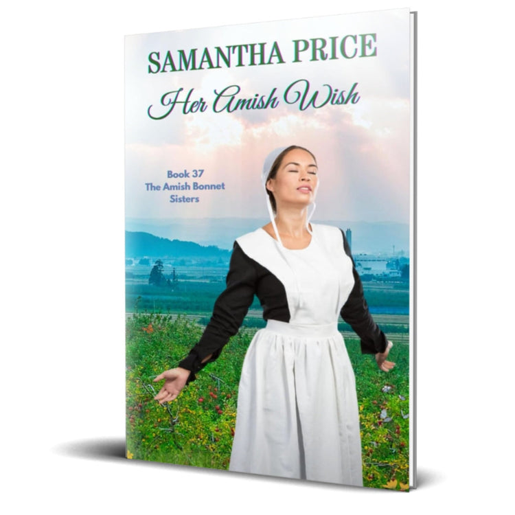 Her amish wish depicting an amish woman closing her eyes looking up to the sky in a field.