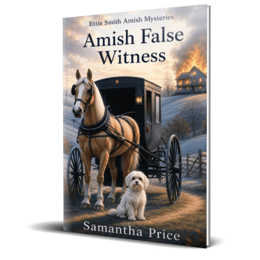 Book cover of 'Amish False Witness' by Samantha Price featuring a horse and buggy scene.