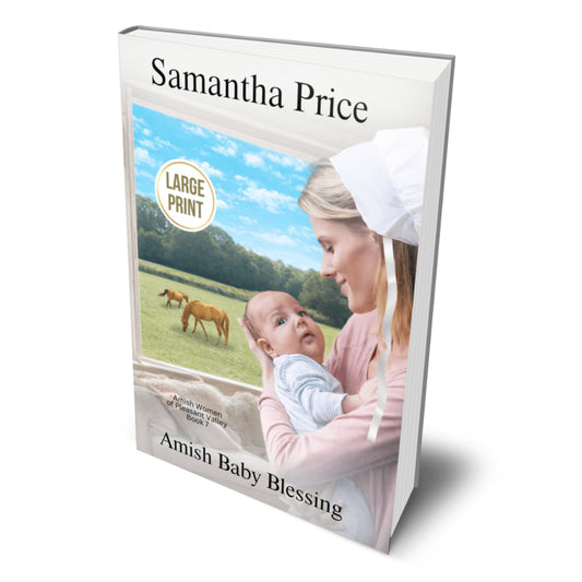 Book cover with a woman holding a baby and a horse in the background, titled 'Amish Baby Blessing' by Samantha Price.