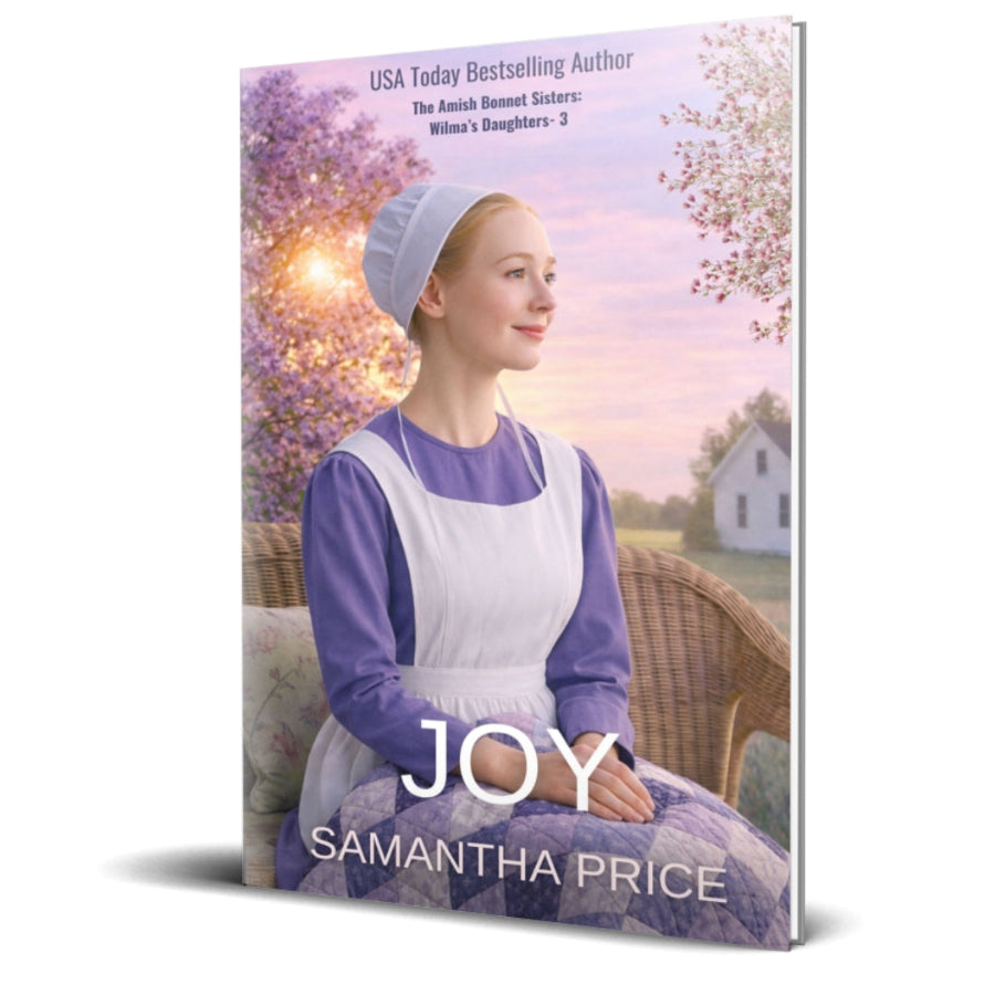 picture of paperback 'joy' a woman in purple amish clothes sitting in a field