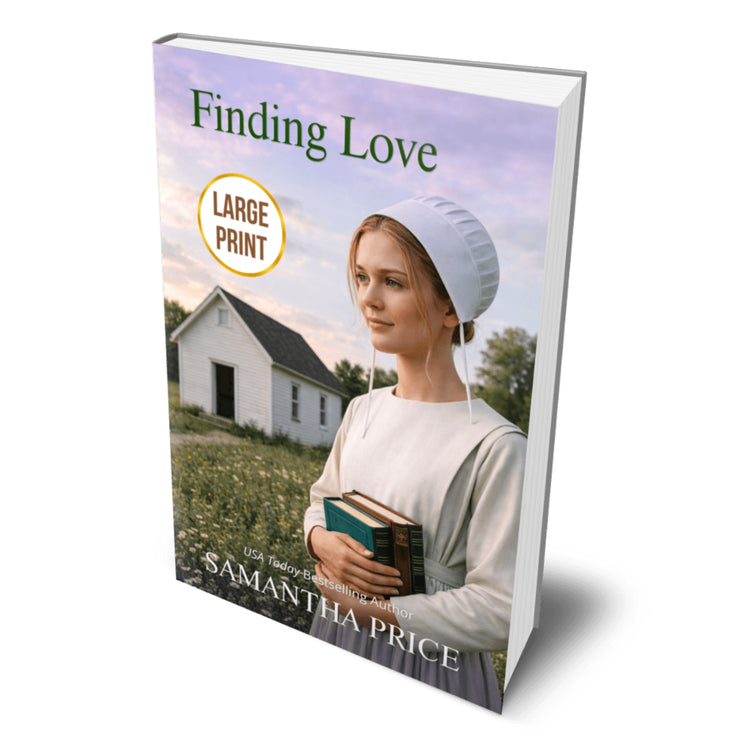 Book titled 'Finding Love' by Samantha Price with a person holding a book on the cover.